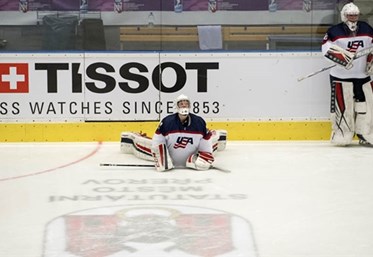 PREROV, CZECH REPUBLIC - JANUARY 13: USA's Alex Gulstene #29 and Lindsay Reed #30 look on during warm-ups prior to semifinal round action against Russia at the 2017 IIHF Ice Hockey U18 Women's World Championship. (Photo by Steve Kingsman/HHOF-IIHF Images)
